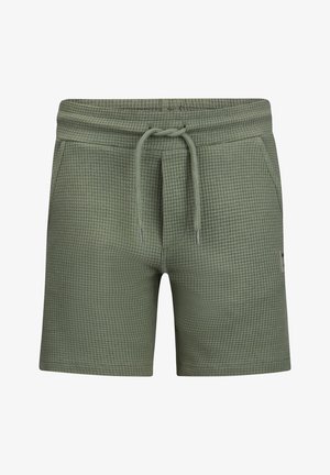 Zielone teksturowane szorty dzianinowe z elastycznym pasem, regulowanym sznurkiem i przednimi kieszeniami, zaprojektowane do noszenia na co dzień.