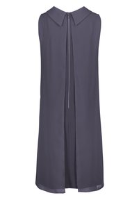 Sleeveless, dark gray dress with a collar, back zipper closure, and a split detail at the back, made from smooth fabric.