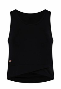 Zwart mouwloos topje van zachte stof, met een ronde halslijn en een gedrapeerde voorkant aan de zoom. Voorzien van een klein logo-label aan de onderkant.