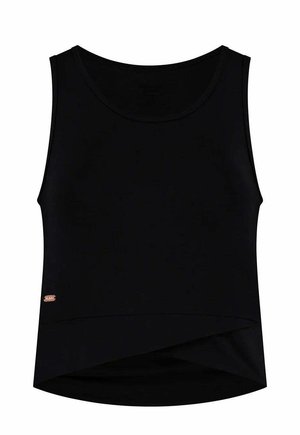 Zwart mouwloos topje van zachte stof, met een ronde halslijn en een gedrapeerde voorkant aan de zoom. Voorzien van een klein logo-label aan de onderkant.
