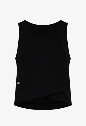 Zwart mouwloos topje van zachte stof, met een ronde halslijn en een gedrapeerde voorkant aan de zoom. Voorzien van een klein logo-label aan de onderkant.