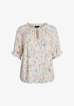 Hvid bluse med pink, gul og lilla blomsterprint, rynket halsudskæring med bindebånd og korte ballonærmer med elastiske manchetter.