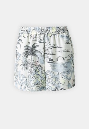 Lille sinine taustaga lilledega lühikesed püksid, millel on elastne vöökoht ja mustade ning pastellvärvides lehtede, puuviljade ja lindude muster.