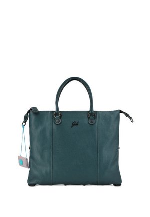 Borsa a mano in pelle verde scuro con due manici corti, una piccola targhetta con marchio appesa di lato e chiusura con zip in alto.