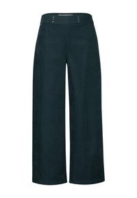 Pantalons larges vert foncé en tissu doux, avec une taille plate et des boutons en argent décoratifs à l'avant.