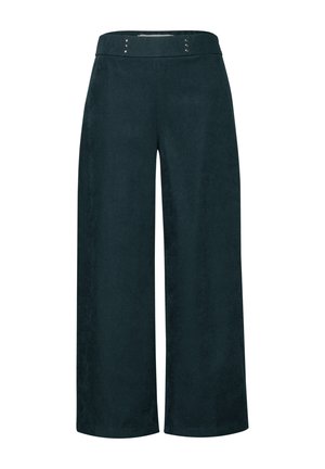 Pantaloni ampi di colore verde scuro realizzati in tessuto morbido, con cintura piatta e bottoni decorativi in argento sul davanti.