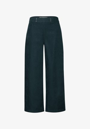 Wide-leg dark green trousers made of soft fabric, featuring a flat waistband with decorative silver buttons at the front.