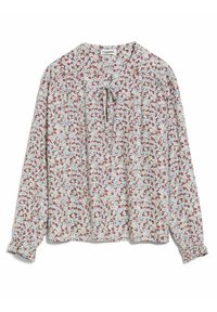 Blus med lång ärm och små blommönster i vitt, blått och rött, med rund halsringning och en knytning framtill.