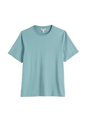 Svetlomodré krátke rukávy bavlnené tričko s okrúhlym výstrihom, rovný lem a viditeľná visačka vo vnútri goliera.