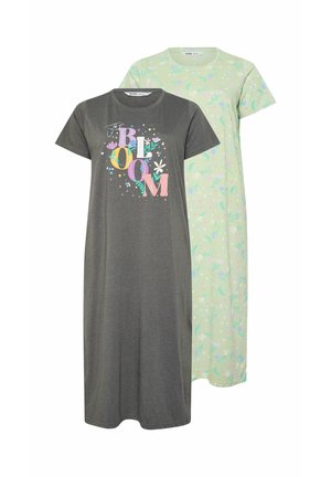 Dos vestidos de manga corta hasta la rodilla, uno gris con texto floral "BLOOM" y el otro verde claro con un patrón floral en tonos pastel.