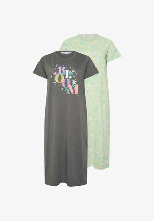 Deux robes à manches courtes arrivant aux genoux, l'une grise avec le texte floral "BLOOM", l'autre vert clair avec un motif floral pastel.