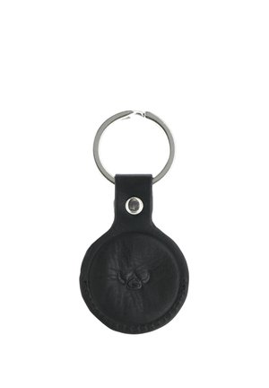 Black leather keychain with round pocket and silver metal ring, featuring embossed bull head design in the center.