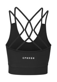 Črn športni nedrček z edinstvenim križnim dizajnom na hrbtu, izdelan iz raztegljivega materiala z logotipom "CPNHGN" natisnjenim spredaj.