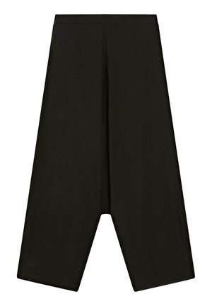 Zwart wijduitlopende cropped broek met een hoge tailleband en een verlaagde kruisnaad, gemaakt van gladde stof.