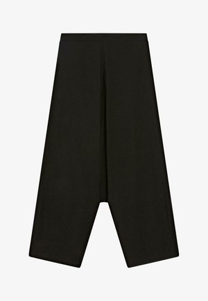 Zwart wijduitlopende cropped broek met een hoge tailleband en een verlaagde kruisnaad, gemaakt van gladde stof.