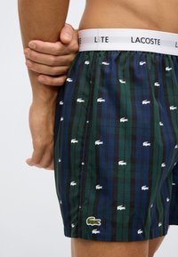 Torso masculin îmbrăcat cu boxeri Lacoste în dungi albastre și verzi, cu logo-uri albe în formă de crocodil și o talie albă cu marca Lacoste.