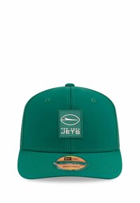 Grüne New York Jets-Kappe aus Stoff mit strukturiertem Design, vorne mit Logo-Patch und verstellbarem Rückengurt mit runder Tag.