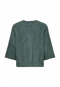 Donkergroene gebreide trui met korte, brede mouwen en een eenvoudige ronde hals. Zachte textuur met een uniform patroon over de gehele trui.