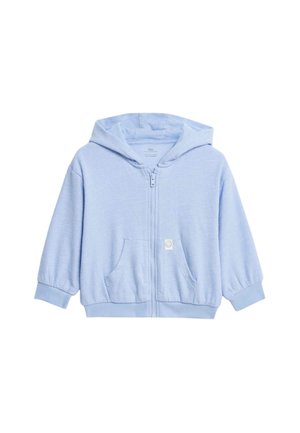 Lyseblå zip-up hættetrøje lavet af blødt stof, med hætte, to frontlommer og ribbede manchetter og kant.