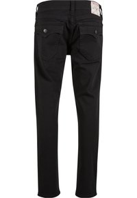 Blugi din denim negri cu croială slim, cusături detaliate, două buzunare la spate cu nasturi și un etichetă a brandului pe talie.