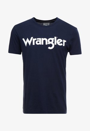 Mörkblå kortärmad t-shirt i bomull med vit "Wrangler"-logotyp tryckt över bröstet och rund halsringning.