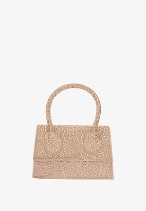 Torebka z koralikami o zakończonym kształcie, w jasnoróżowym kolorze, z podwójnymi uchwytami i teksturą utworzoną przez koraliki o różnych rozmiarach.