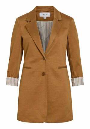 Kamel smeđi dugi sako s dva gumba, ovratnikom s prorezom, prednjim proreznim džepovima i zavrnutim prugastim manšetama s bijelim i smeđim linijama.
