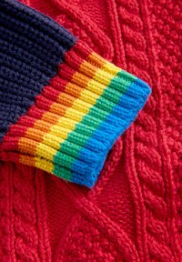 Knitted sweater detail with a red cable pattern. The cuff features vibrant stripes: navy, red, orange, yellow, green, and blue.