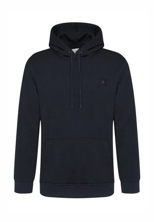 Donkerblauwe katoenen hoodie met een voorste zak, verstelbare trekkoordkap, ribgebreide manchetten en een klein logo-opdruk op de borst.