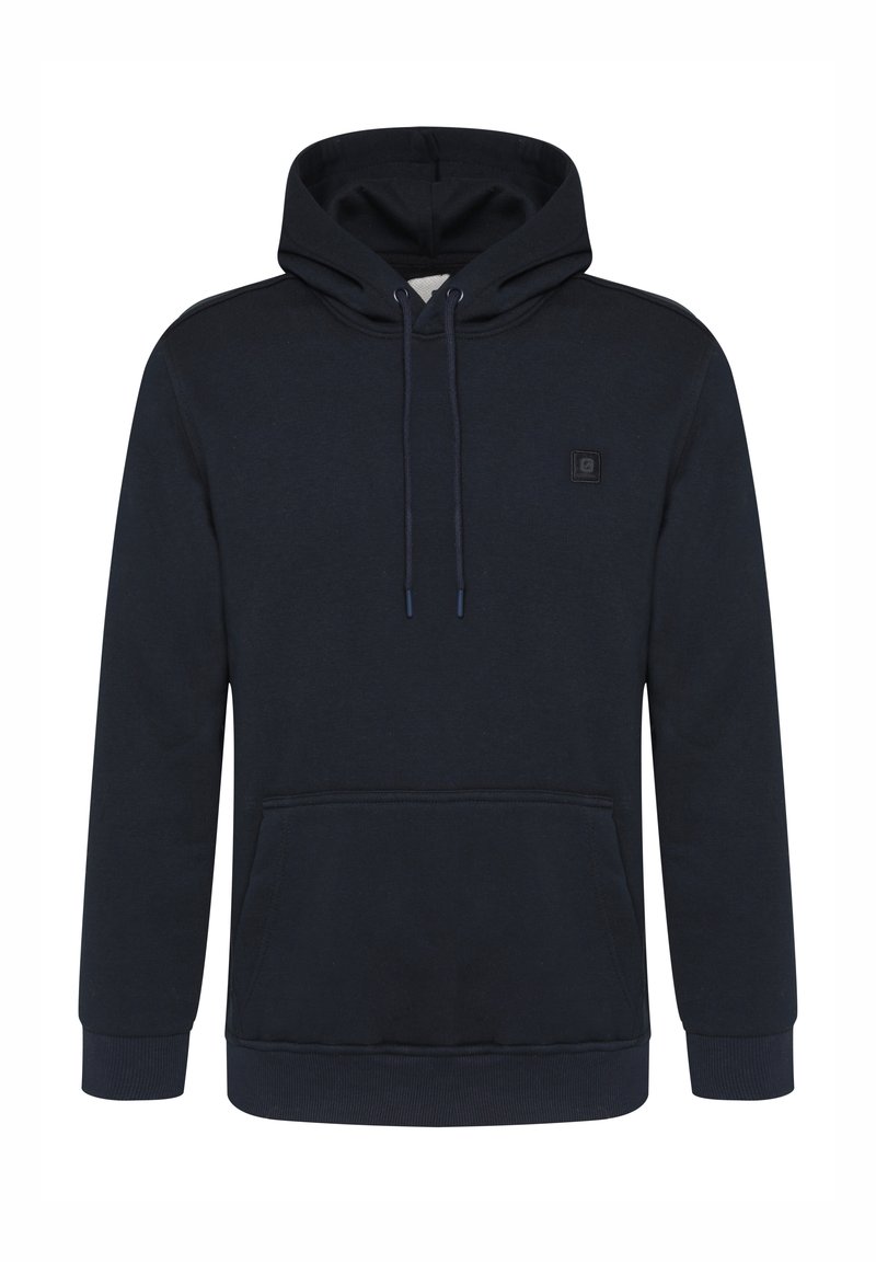 Marineblaue Baumwollkapuzenjacke mit einer vorderen Kängurutasche, verstellbarem Kordelzug in der Kapuze, gerippten Bündchen und einem kleinen Logopatch auf der Brust.