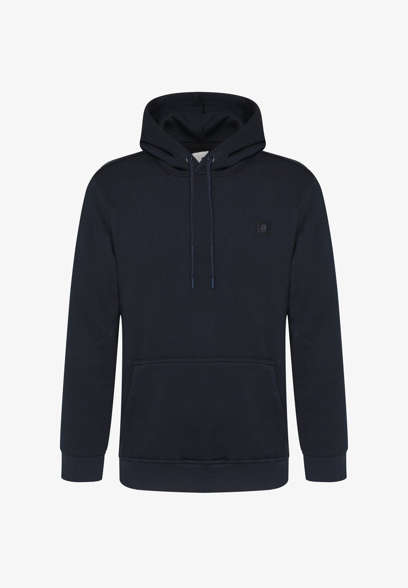 Navy blue cotton hoodie with a front pouch pocket, adjustable drawstring hood, ribbed cuffs, and a small logo patch on the chest.