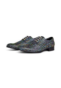 Zwarte dresschoenen met een patroon van kleurrijke wiskundige vergelijkingen en vormen, een gladde textuur, ronde neus en vetersluiting.