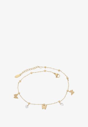 Złoty łańcuszek bransoletki z motylkowymi zawieszkami i małymi przezroczystymi kryształkowymi koralikami, z karabińczykiem i regulowanymi ogniwami.