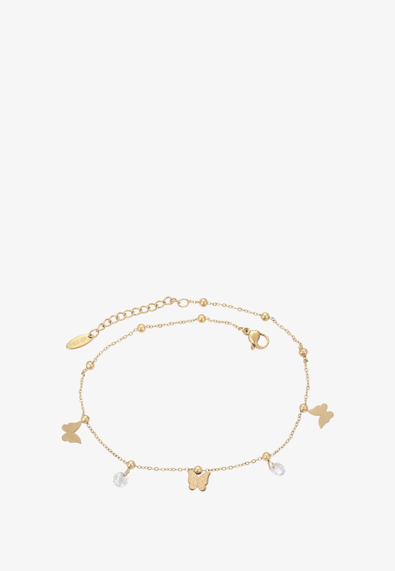 Aranylánc karkötő pillangó charmokkal és kis átlátszó kristálygyöngyökkel, ollózáras kapoccsal és állítható láncokkal.