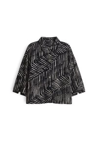 Camicia button-up in navy con strisce geometriche beige, dotata di colletto a punta, maniche lunghe e una vestibilità comoda.