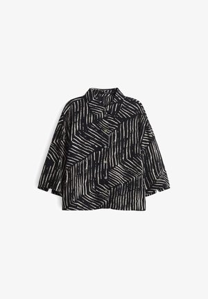 Camicia button-up in navy con strisce geometriche beige, dotata di colletto a punta, maniche lunghe e una vestibilità comoda.