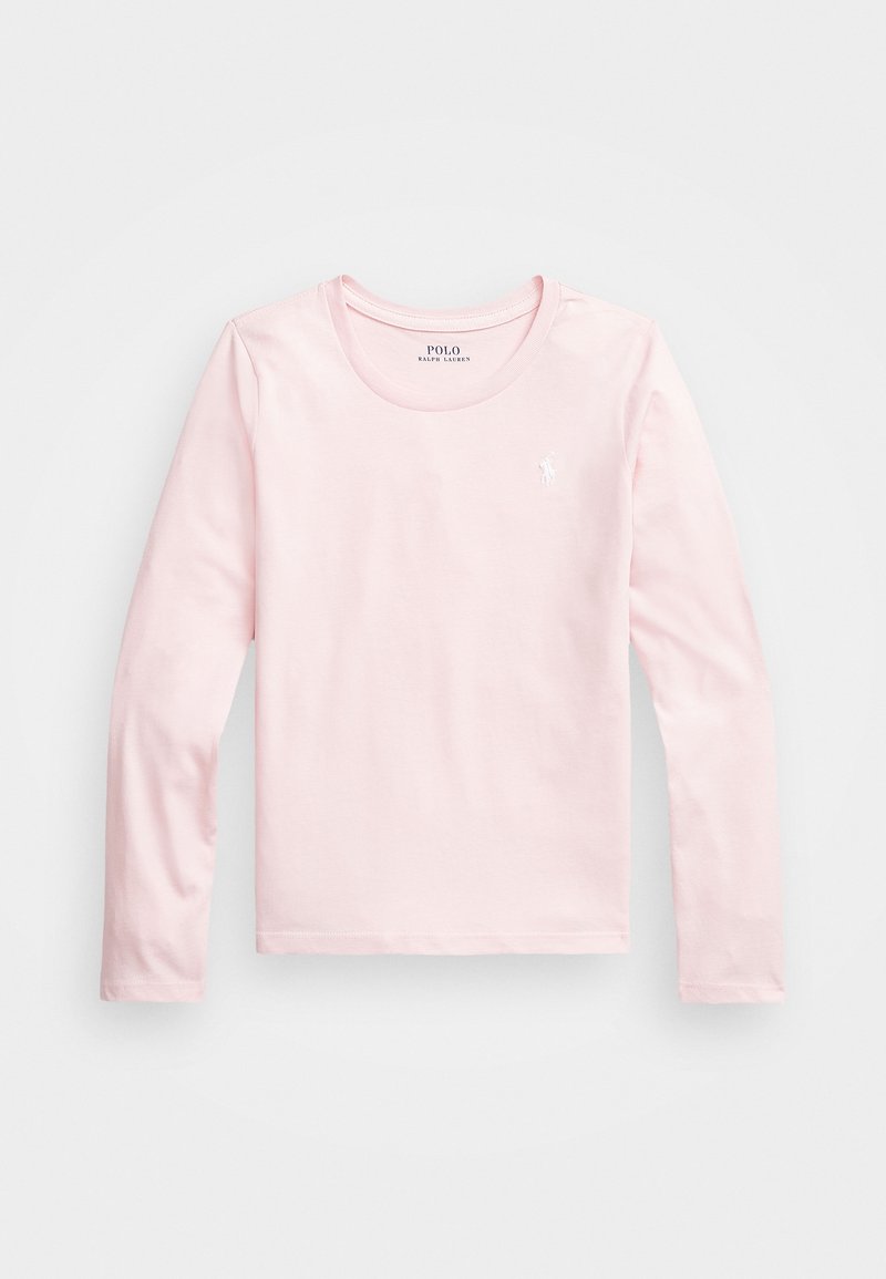 Długotrwała różowa koszulka z długim rękawem wykonana z bawełny, z okrągłym dekoltem i małym haftowanym logo na lewej piersi. Miękka w dotyku.
