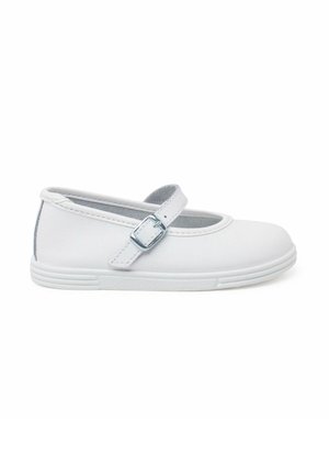 Witte Mary Jane schoen met een ronde neus, een klittenbandsluiting en een gestructureerde zool. Heeft een glad materiaal met een lichte glans.