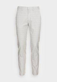 Light gray tailored trousers made of textured fabric. Features a slim fit, belt loops, front pockets, and a smooth finish. Suitable for casual or formal wear.
