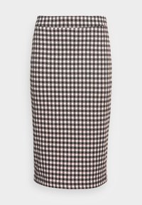 Jupe crayon à motif vichy noir et blanc avec une coupe ajustée et une texture lisse, conçue pour se porter à la taille.