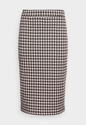 Schwarzer und weißer Gingham-musterierter Bleistiftrock mitfigurbetonter Form und glatter Textur, konzipiert für einen sitzenden Bund.
