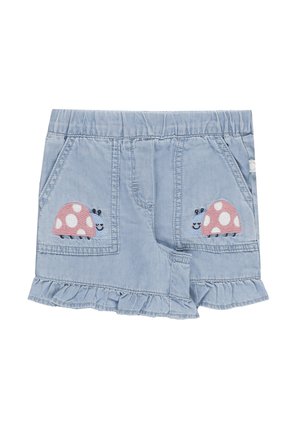 Pantaloncini azzurri chiari per bambini con vita elasticizzata, orlo arricciato e tasche frontali decorate con ricamo di una coccinella sorridente rosa e bianca a pois.