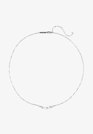 Silberne Kettenhalskette mit kleinen Perlen und sternförmigen Akzenten, die über ein zartes Design und einen verstellbaren Verschluss für Längenvariationen verfügt.