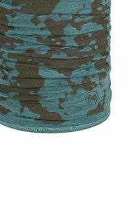 Multifunctionele buff gemaakt van zachte, rekbare stof in een teal en bruine camouflageprint. Heeft een gerimpelde textuur met een logolabel.