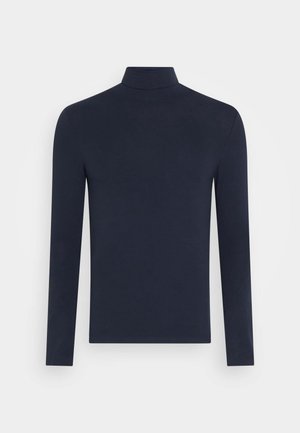 Laivastonsininen pitkähihainen poolopaita, jossa on kapea istuvuus ja yksinkertainen, koristamaton muotoilu valkoisella taustalla.