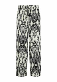 Pantaloni leggeri con vita elastica in un motivo tie-dye nero e grigio. Vestibilità ampia, con chiusura a cordoncino e gambe dritta.