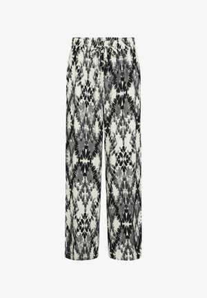 Kerged, elastne vöökoht ja must-hall siteerimustega lõhikad püksid. Lõtv lõige, nöörkinnitusega ja sirge lõikega jalad.