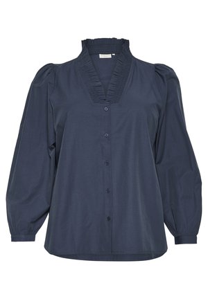 Bluză button-up de culoare albastru închis, cu guler bufant, decolteu pliat și mâneci bufante. Fabricată dintr-un material neted, având o croială lejeră.
