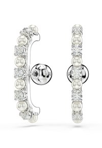 Strieborné náušnice s dizajnom, ktorý strieda okrúhle perly a číre drahokamy, vytvárajúce lineárny vzor. Hladký povrch a lesklý finiš.