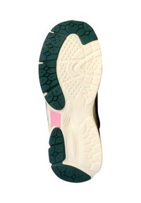 Suola di una scarpa sportiva con una intersuola bianca, battistrada in gomma teal con un motivo esagonale e un accento rosa sul lato.
